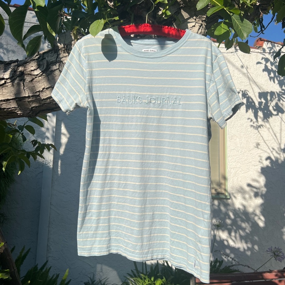 Banks Journal Embroidered Logo Blue & White Stripe T-Shirt | Soft Organic Cotton